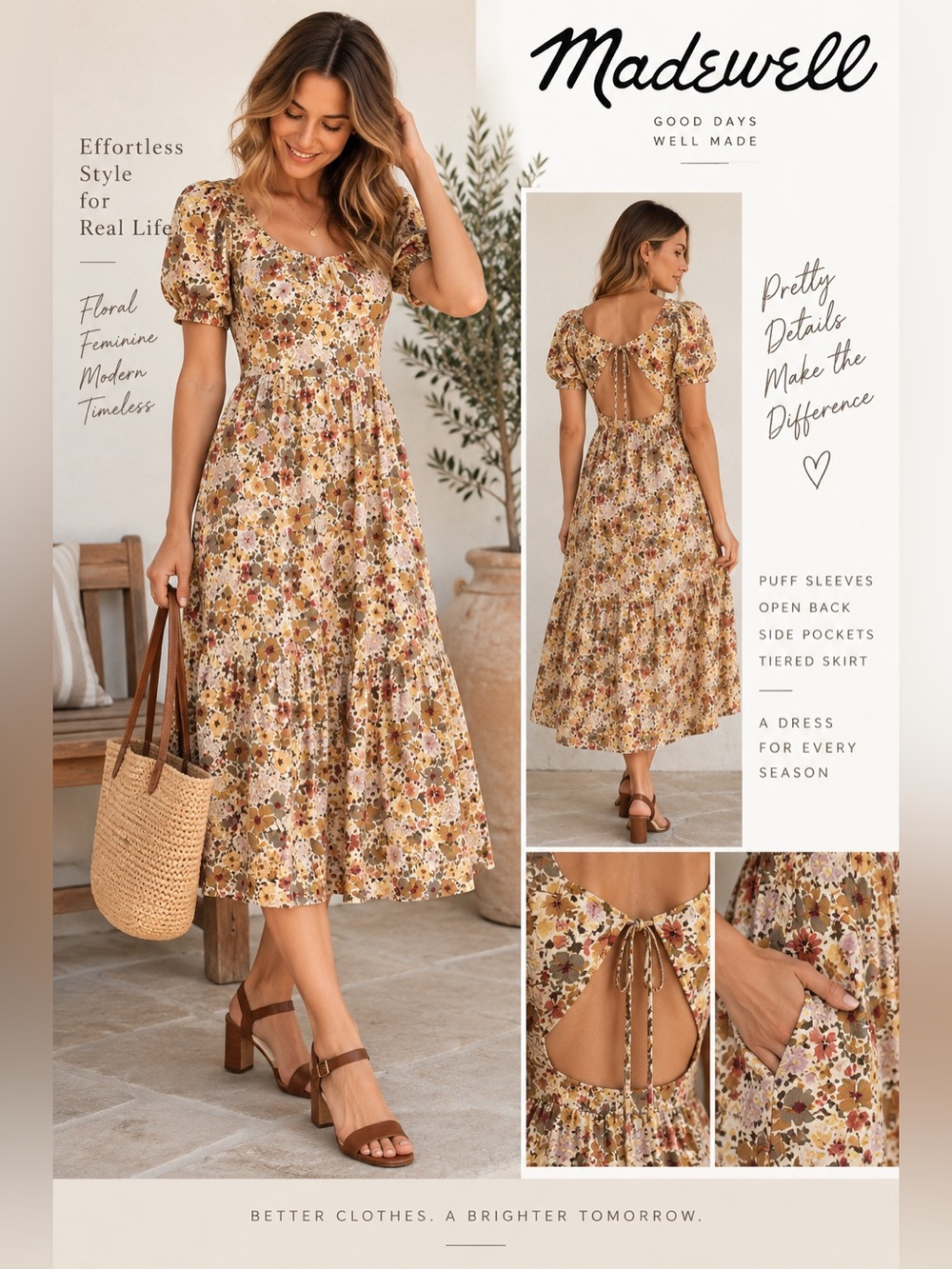 Madewell Puff Sleeve Open Back Midi Dress 10 Flora Field Floral Cottagecore - Picture 2 of 10